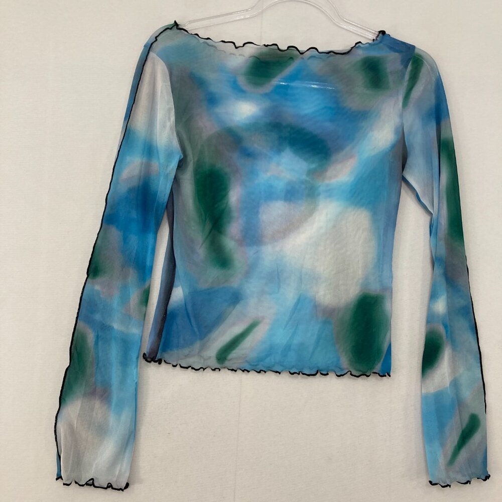 Women's size Small Blue Multi Abstract Artsy Mesh Sheer Lettuce Hem Stretch - Picture 10 of 10